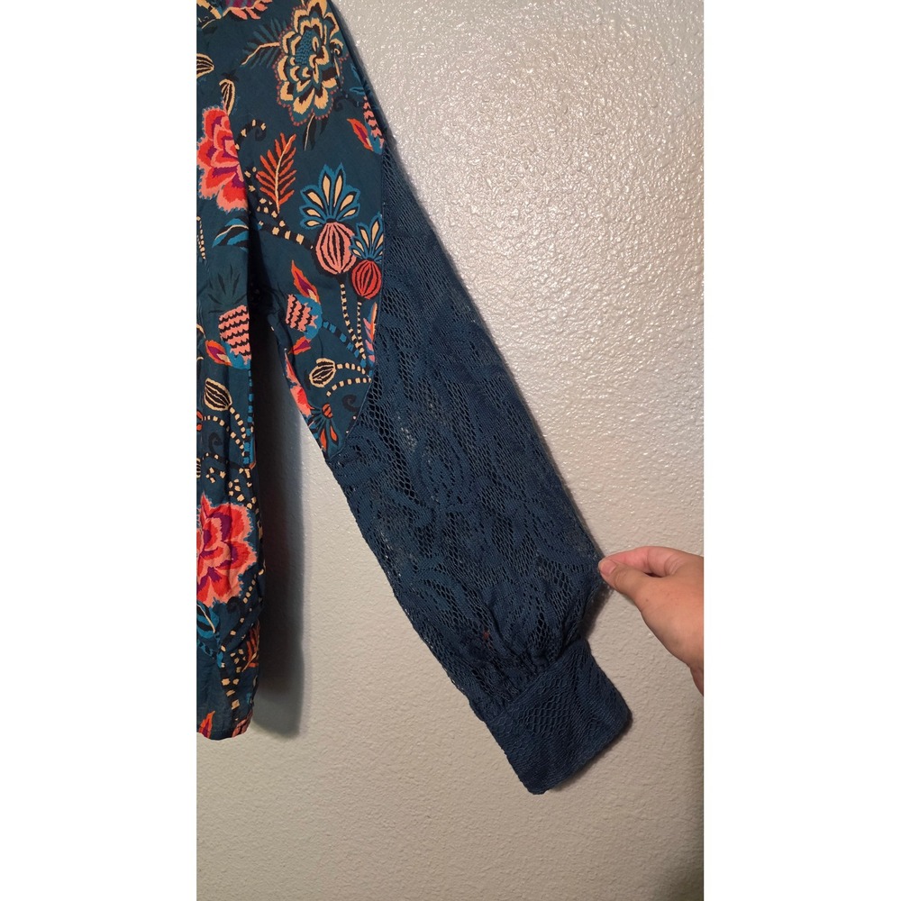 Farm Rio Anthropologie Floral Blouse Lrg Teal Lace Sleeve Boho Romantic Peasant - Picture 11 of 16